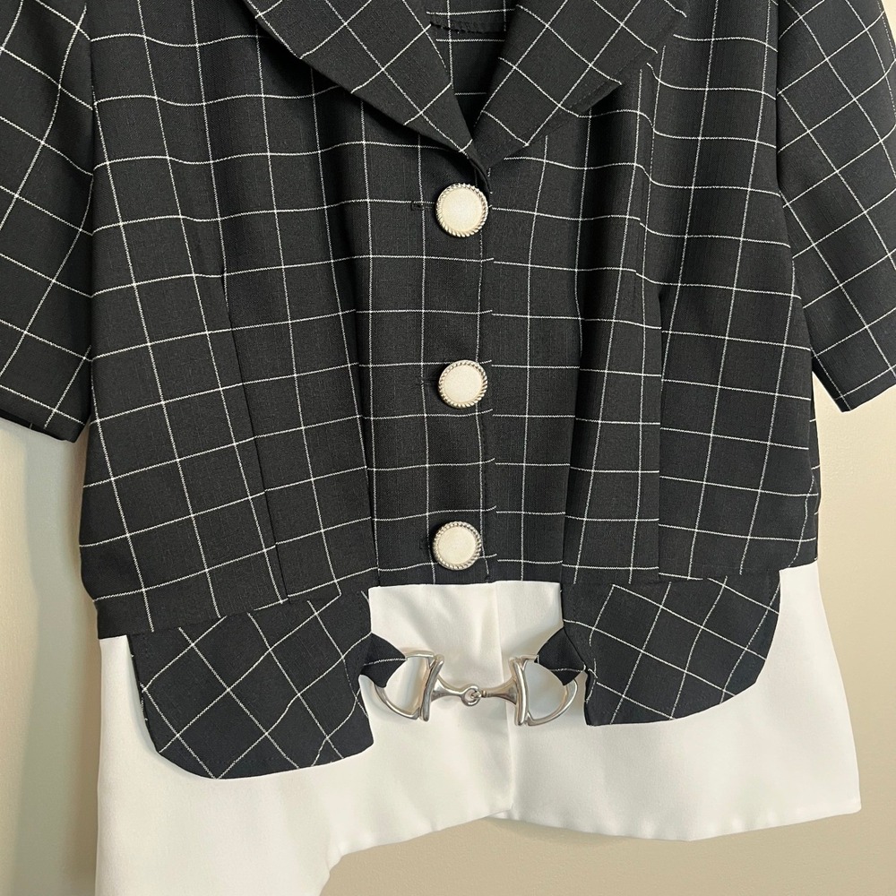 Good Times Vintage Black White Windowpane Horsebit Blazer Top Short Sleeve 14 - Picture 3 of 9